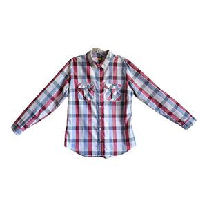 EDDIE BAUER Women's M Shirt Button Up Plaid Quick Dry Long Roll Tab Sleeve 38"
